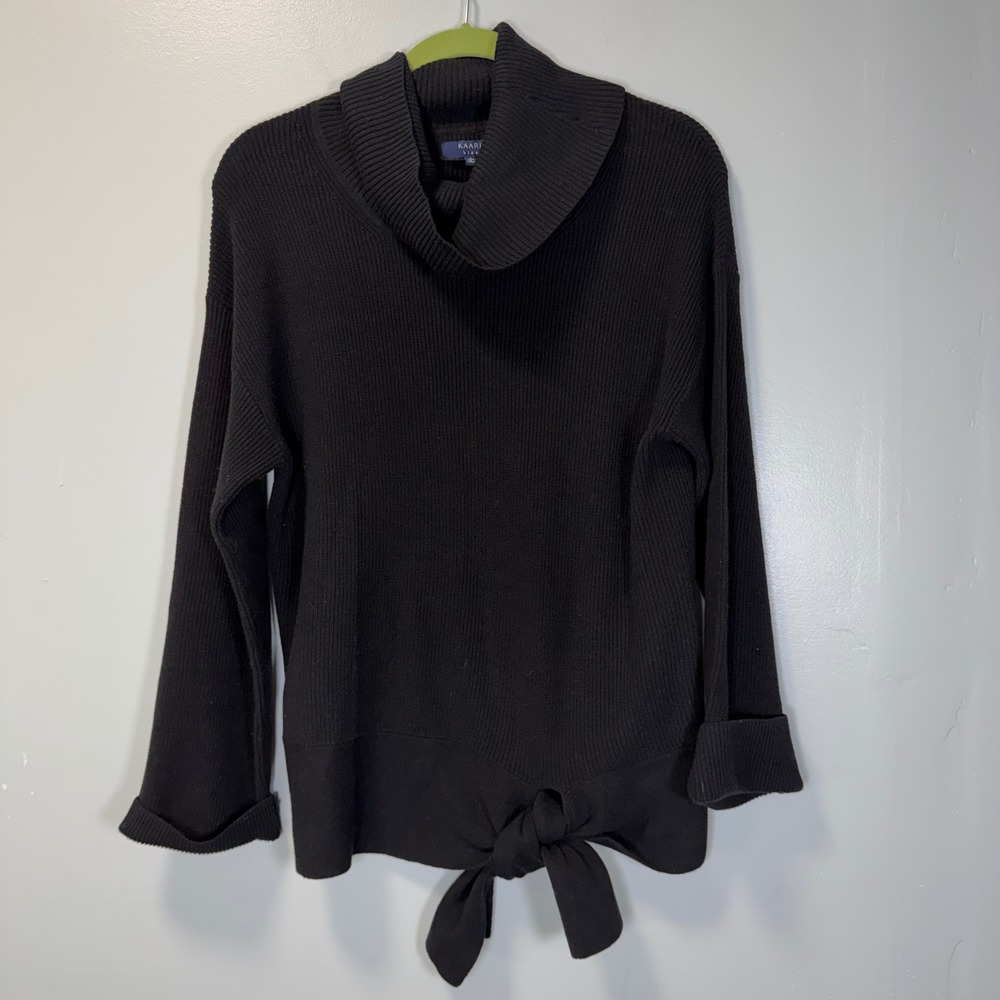 Kaari Blue Womens Black Ribbed Cowl‎ Neck Tie Front Sweater Small RN 31104
